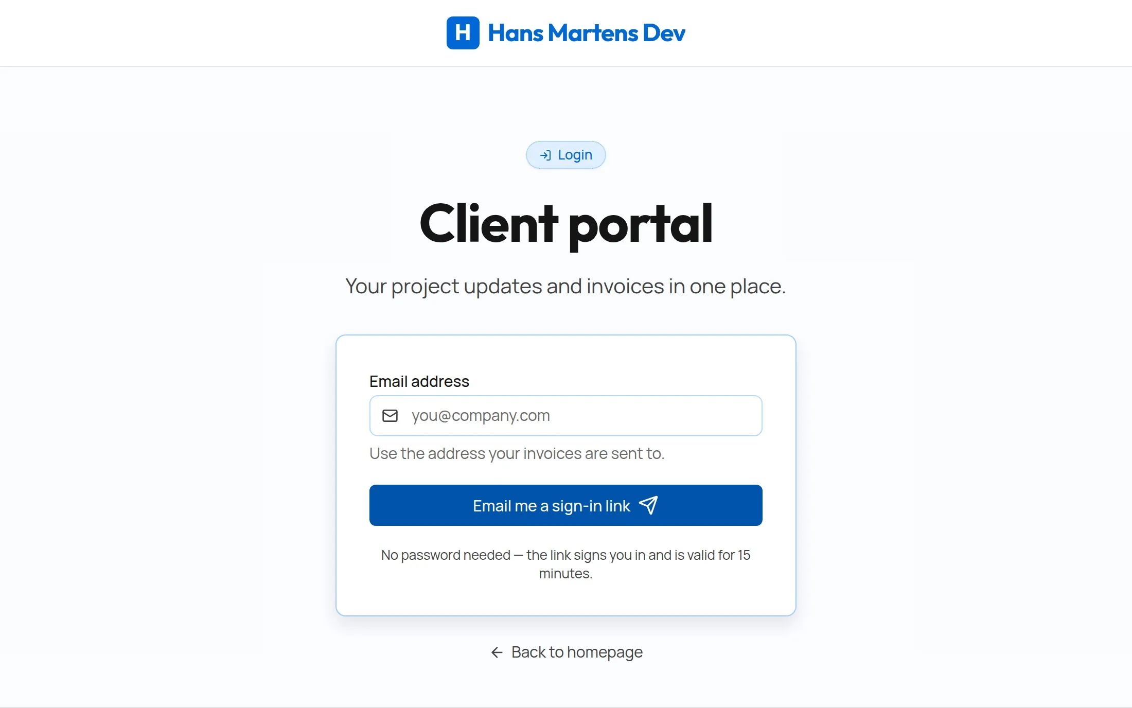 The client portal sign-in page: a single email field and an 'Email me a sign-in link' button, with a note that no password is needed and the link is valid for 15 minutes.