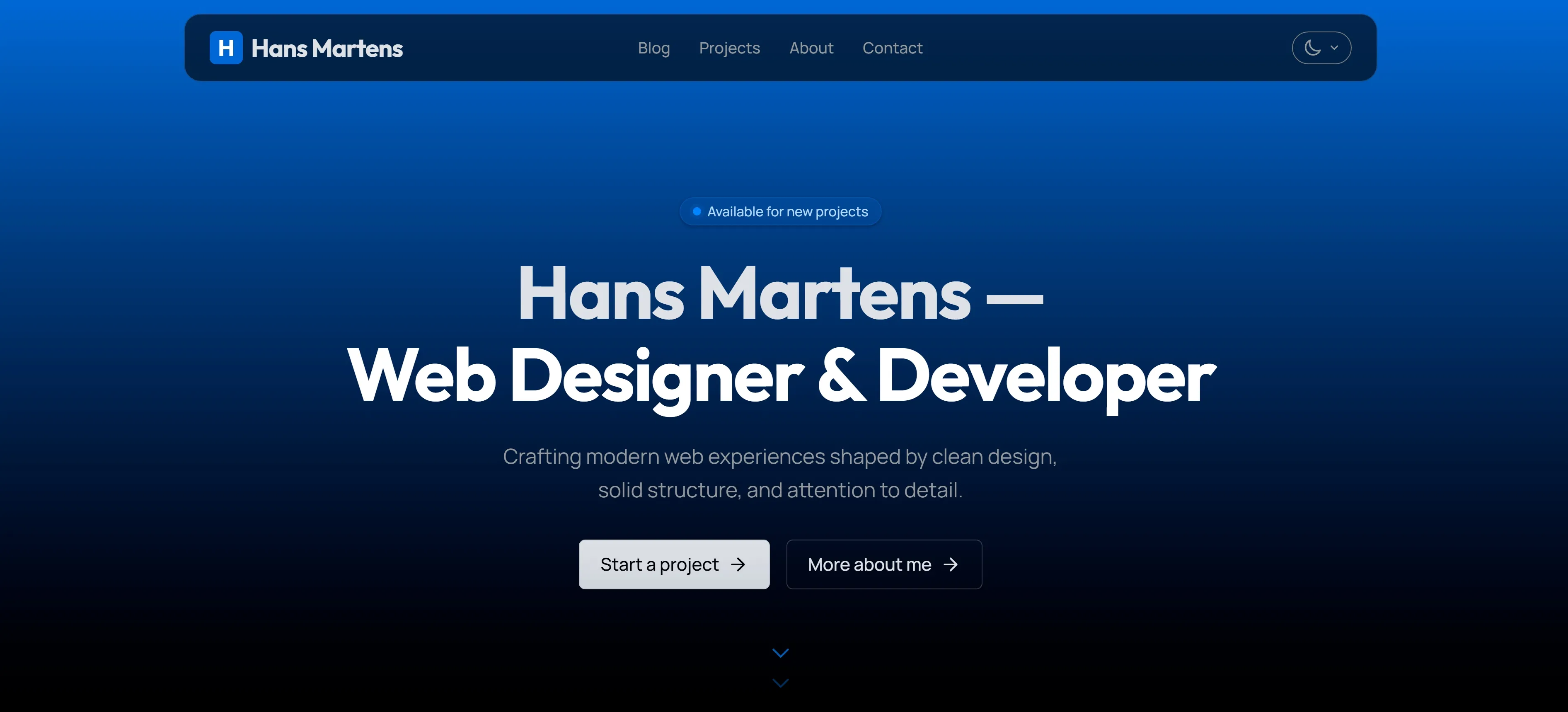 Hans Martens website hero in light mode with blue heading text