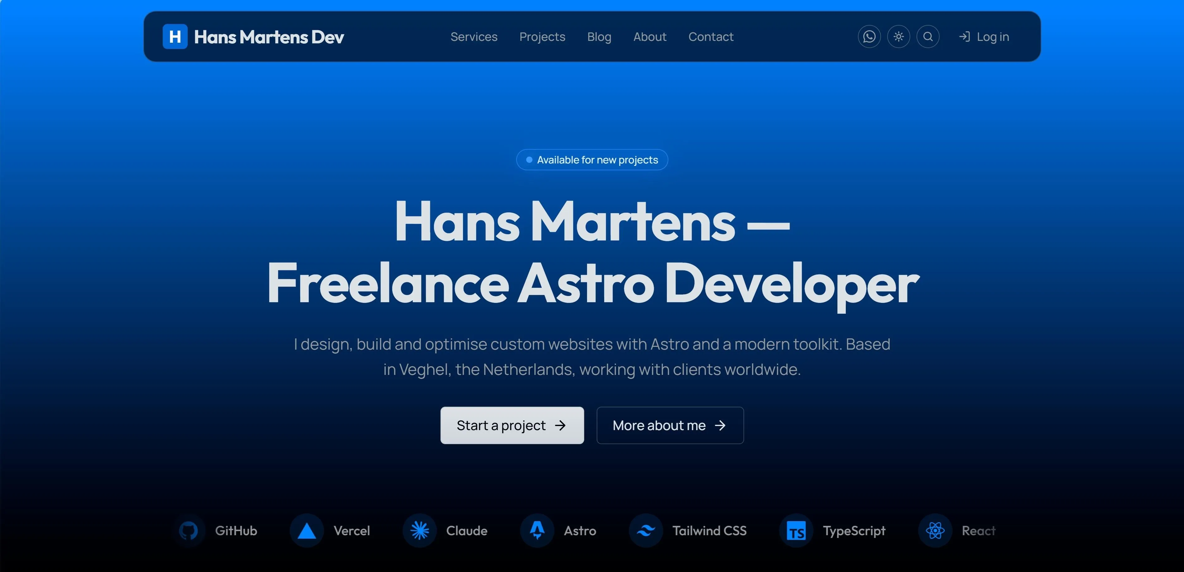 The Hans Martens Dev homepage — a brand-blue hero fading to black, shown in a browser window.